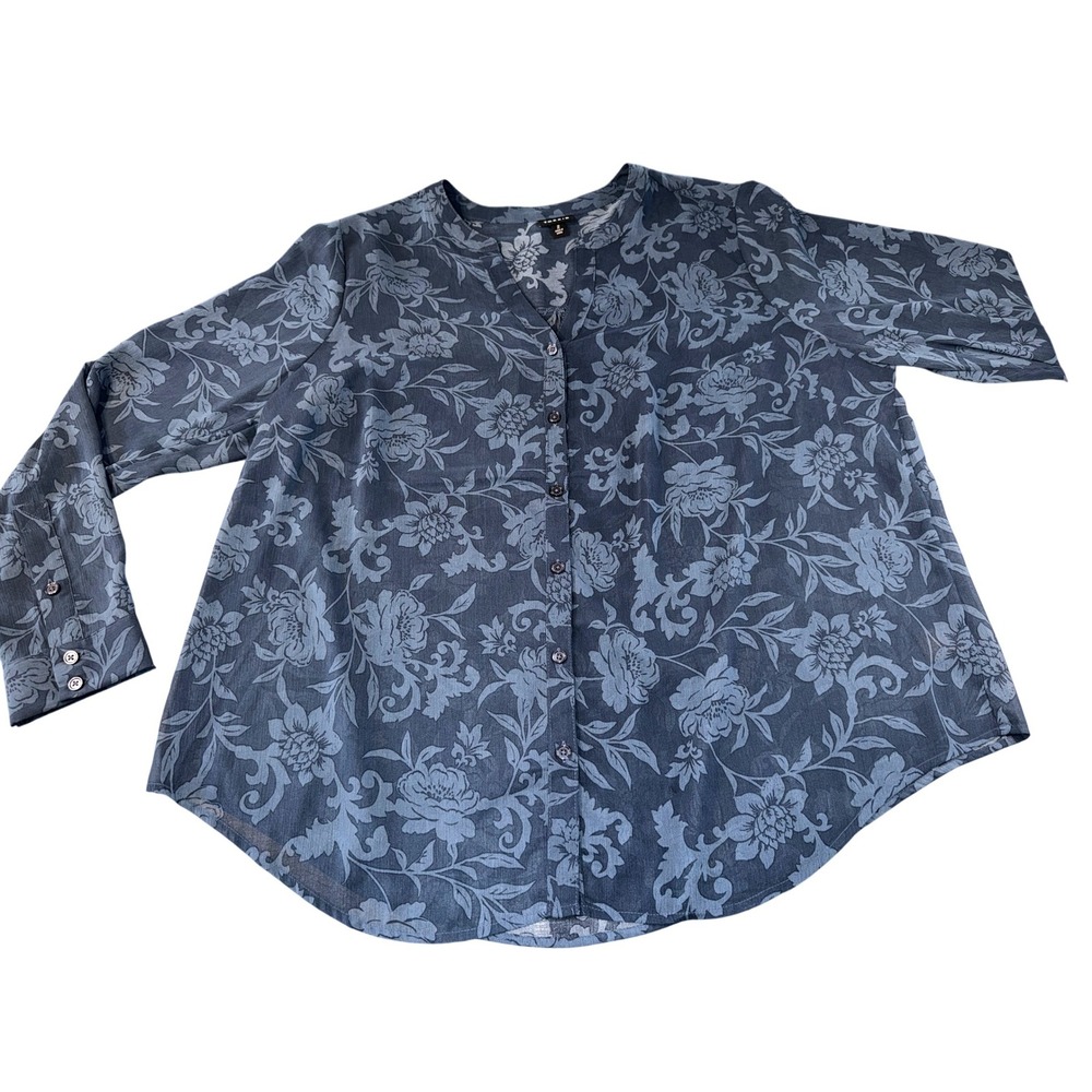 Torrid Floral Damask Blouse Womens 2X Blue Split V‎ Neck Button Front Tunic